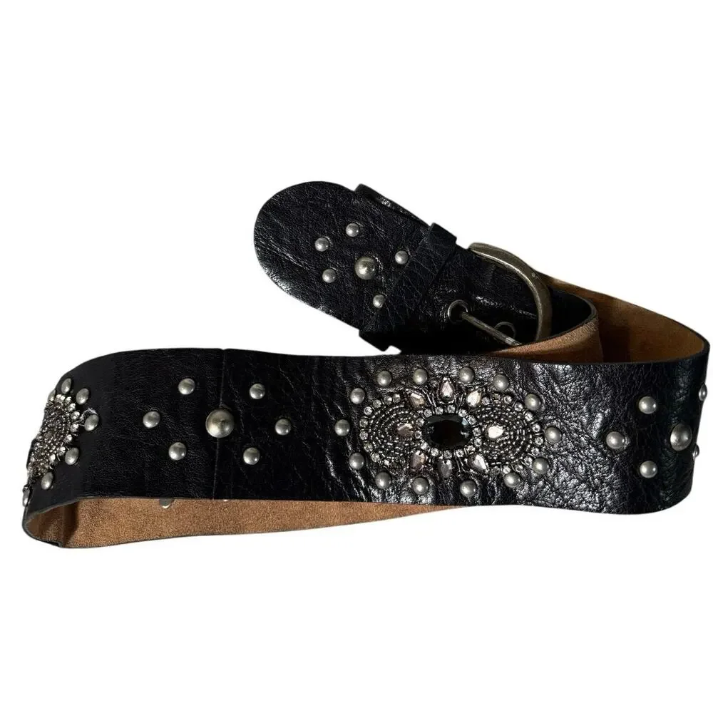 Unique Vintage Leather Heavily Jeweled Studded Beaded Black Belt 33-38” Apx XL